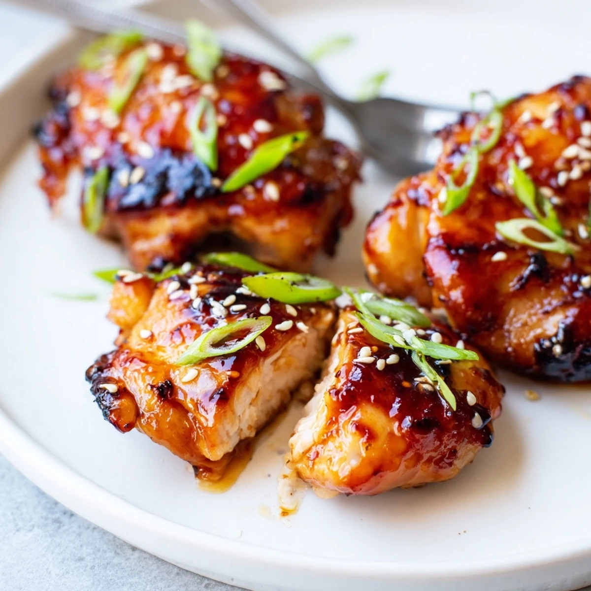 Juicy Korean Chicken Thighs roasted to caramelized edges, glazed with sesame