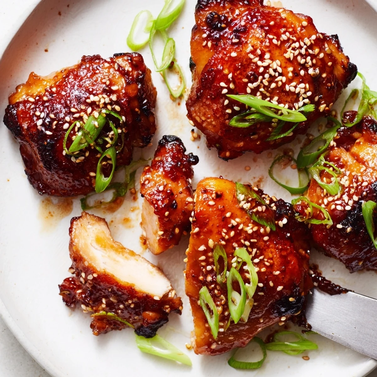 Tray of Juicy Korean Chicken Thighs resting, sprinkled with toasted sesame seeds