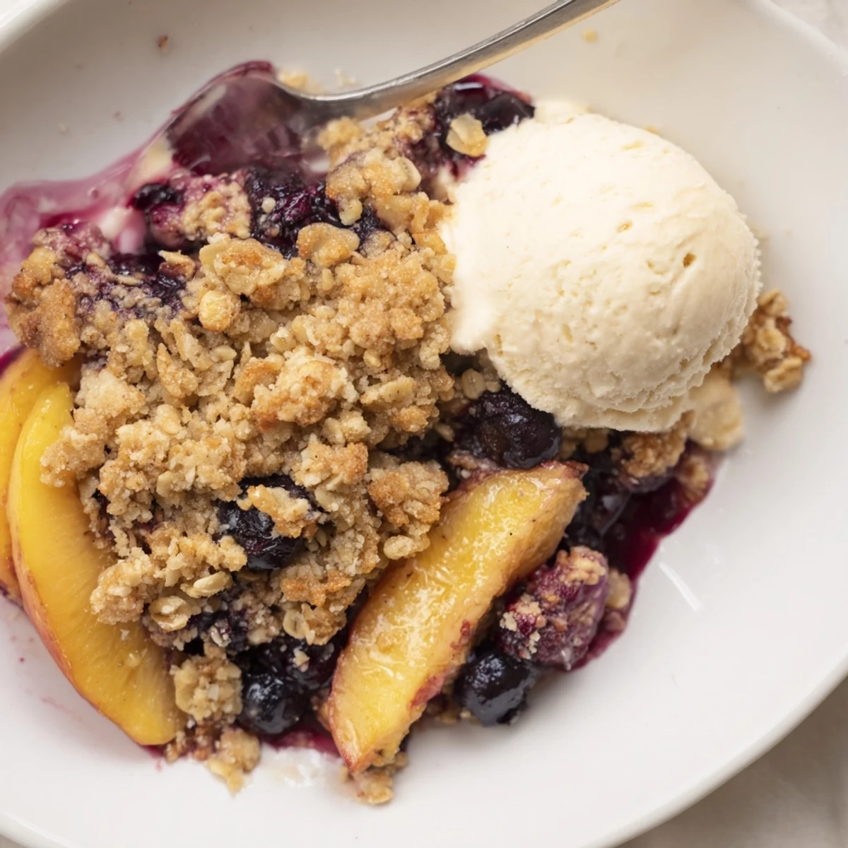 A slice of Blueberry Peach Crumble revealing glossy fruit filling and crunchy topping