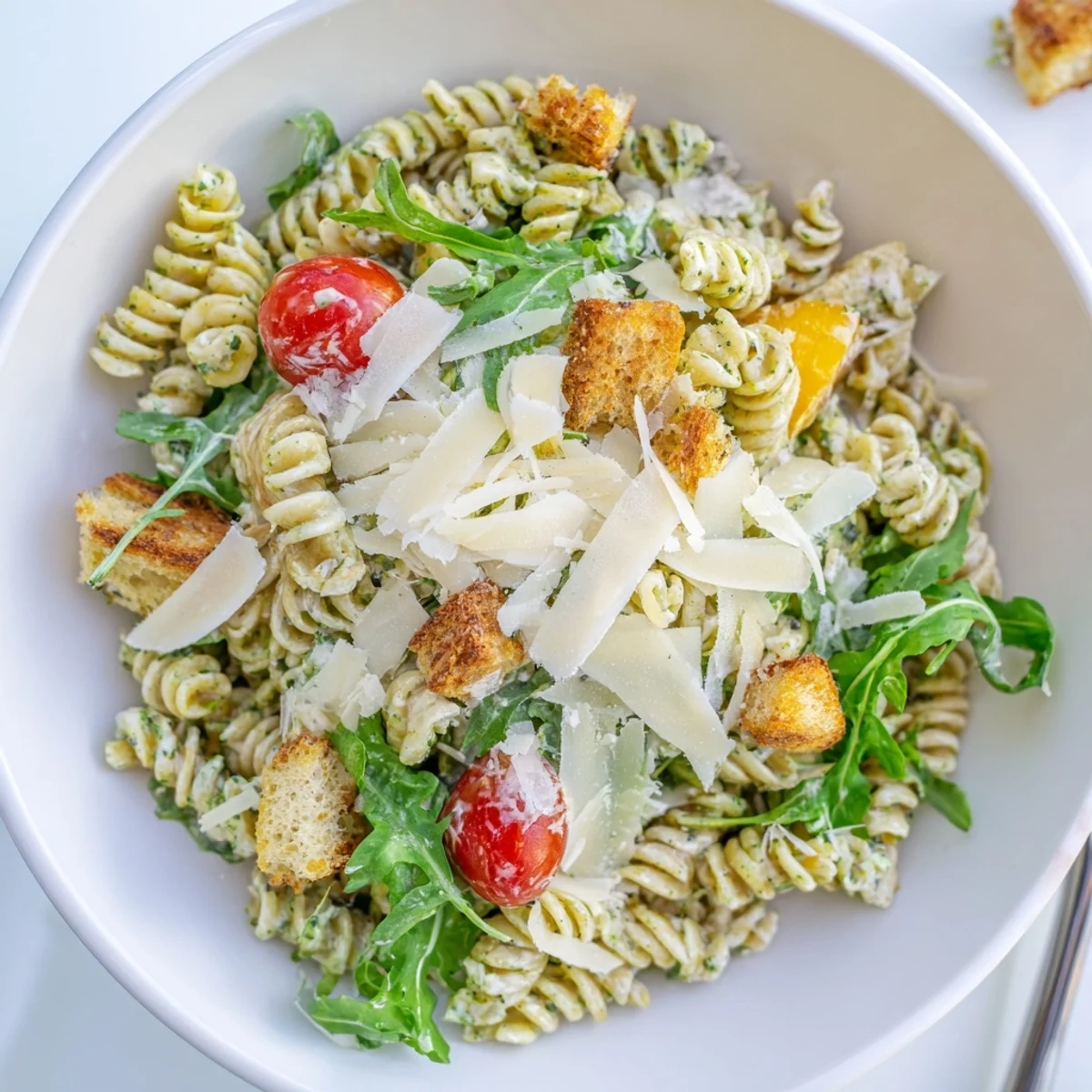 Arugula Pasta Caesar Salad with shaved Parmesan and crunchy croutons, tossed