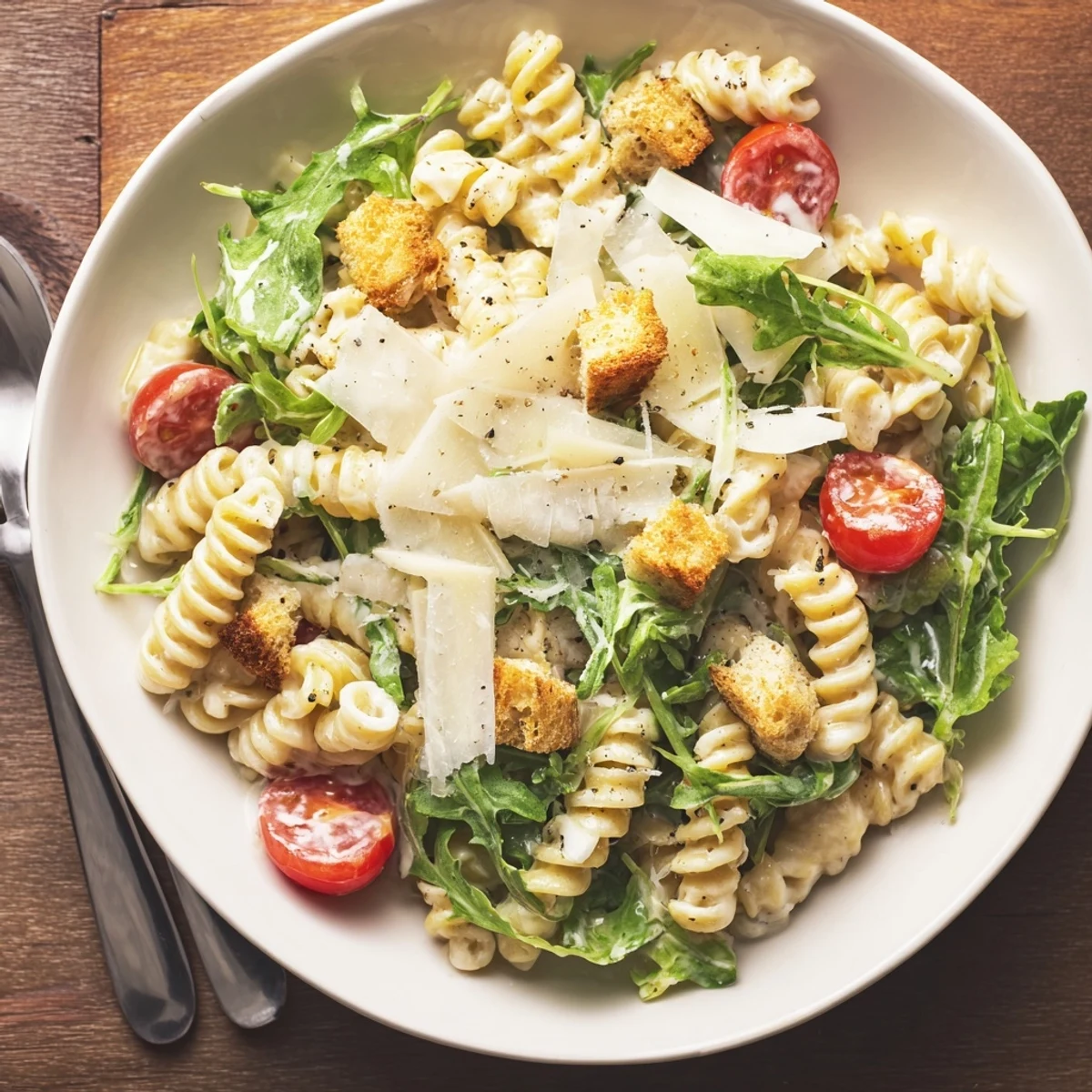 Bright Arugula Pasta Caesar Salad: peppery greens, warm pasta, creamy lemon dressing