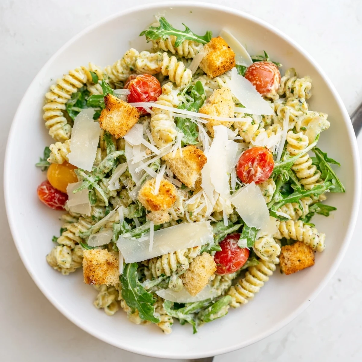 Family-style Arugula Pasta Caesar Salad served immediately with cherry tomatoes and olive oil