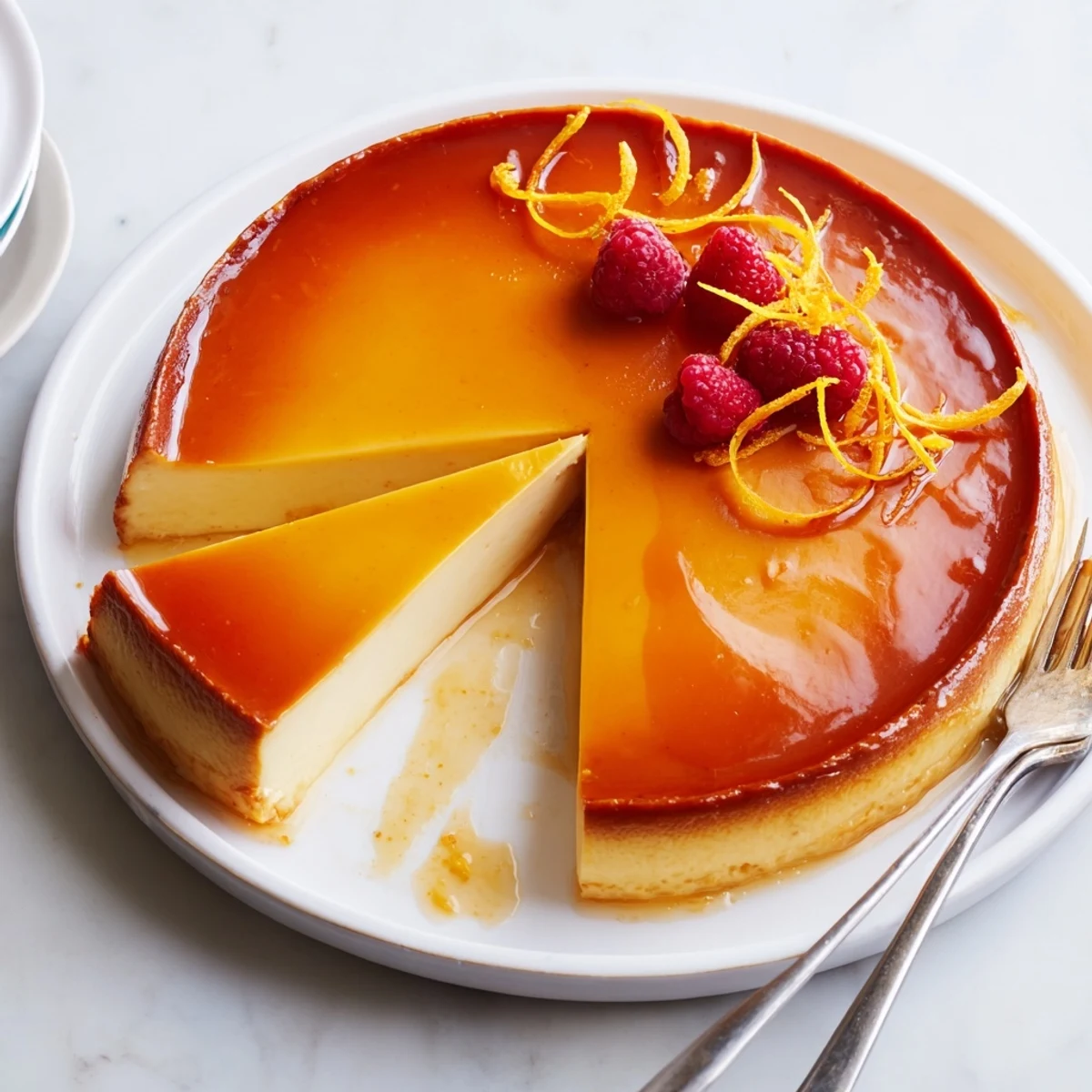 Creamy Flan Napolitano glistening with caramel, chilled slice on white plate