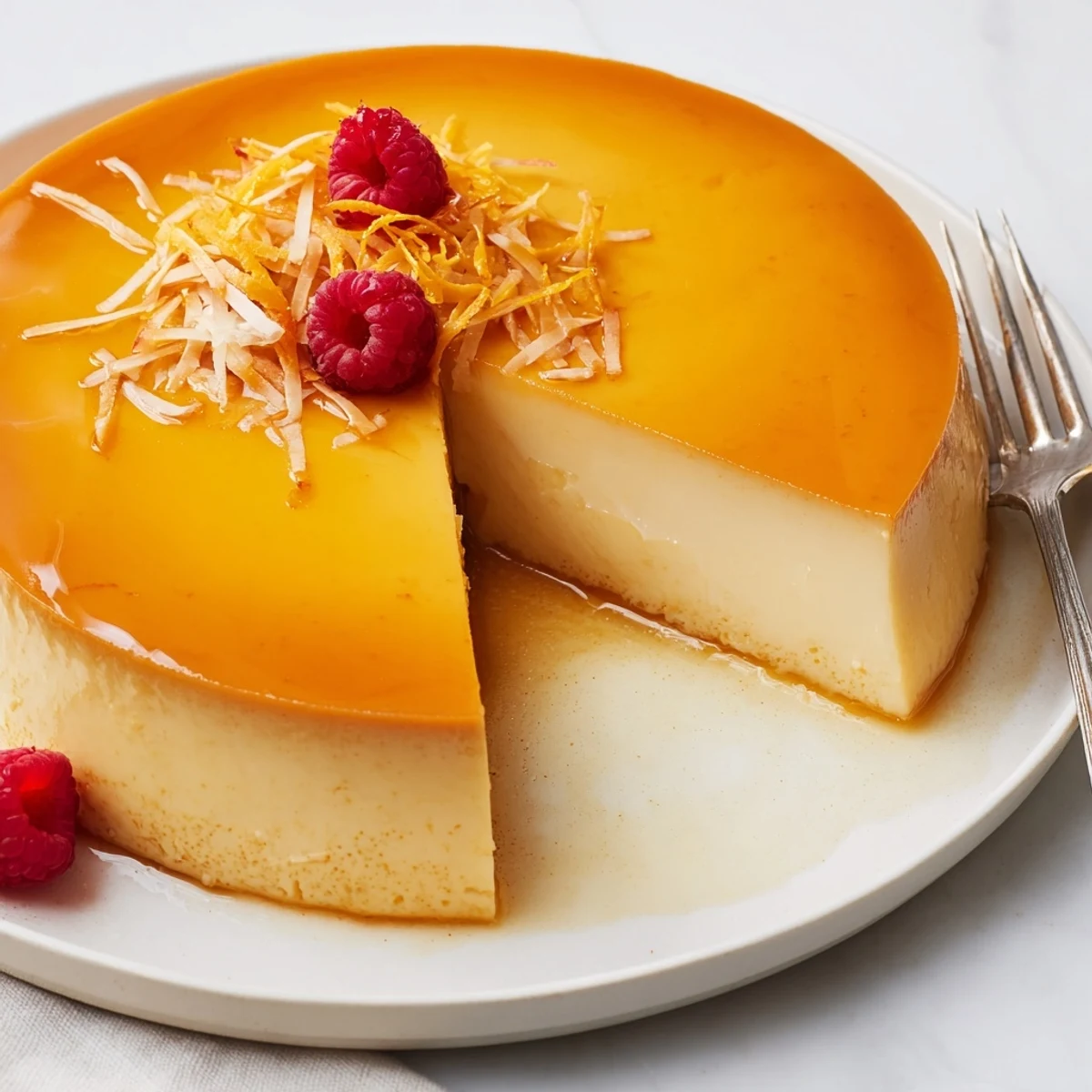Silky Flan Napolitano slice topped with toasted coconut, ideal with coffee