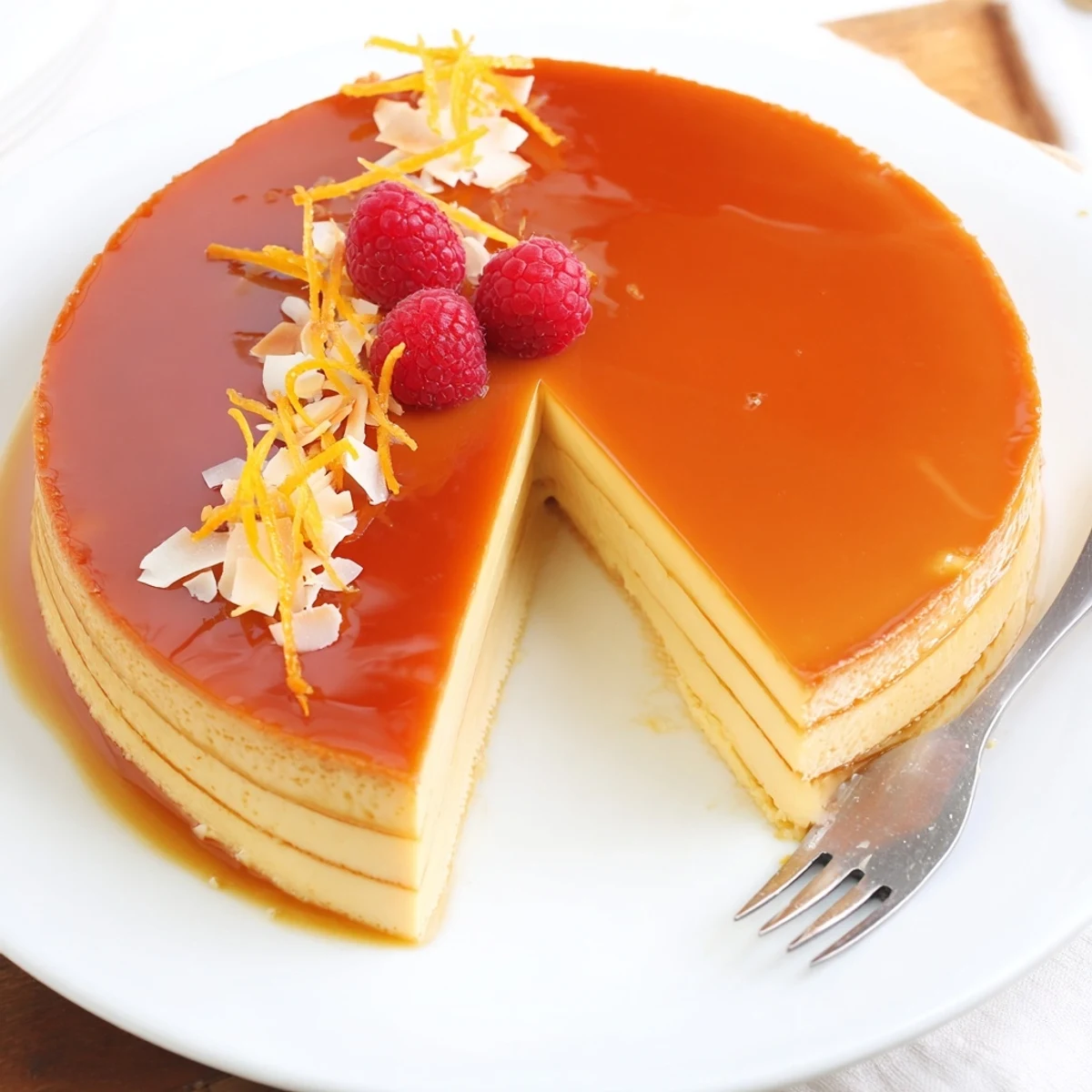 Flan Napolitano in caramel-lined mold after baking, cooling in water bath