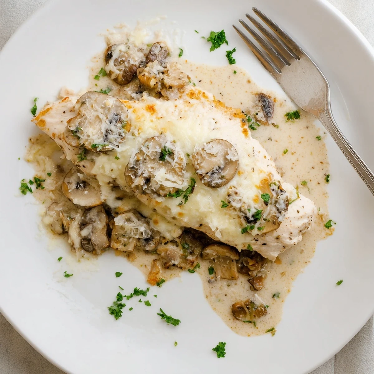 Golden Cheesy Chicken Mushroom Bake bubbling in dish, creamy sauce and parsley.