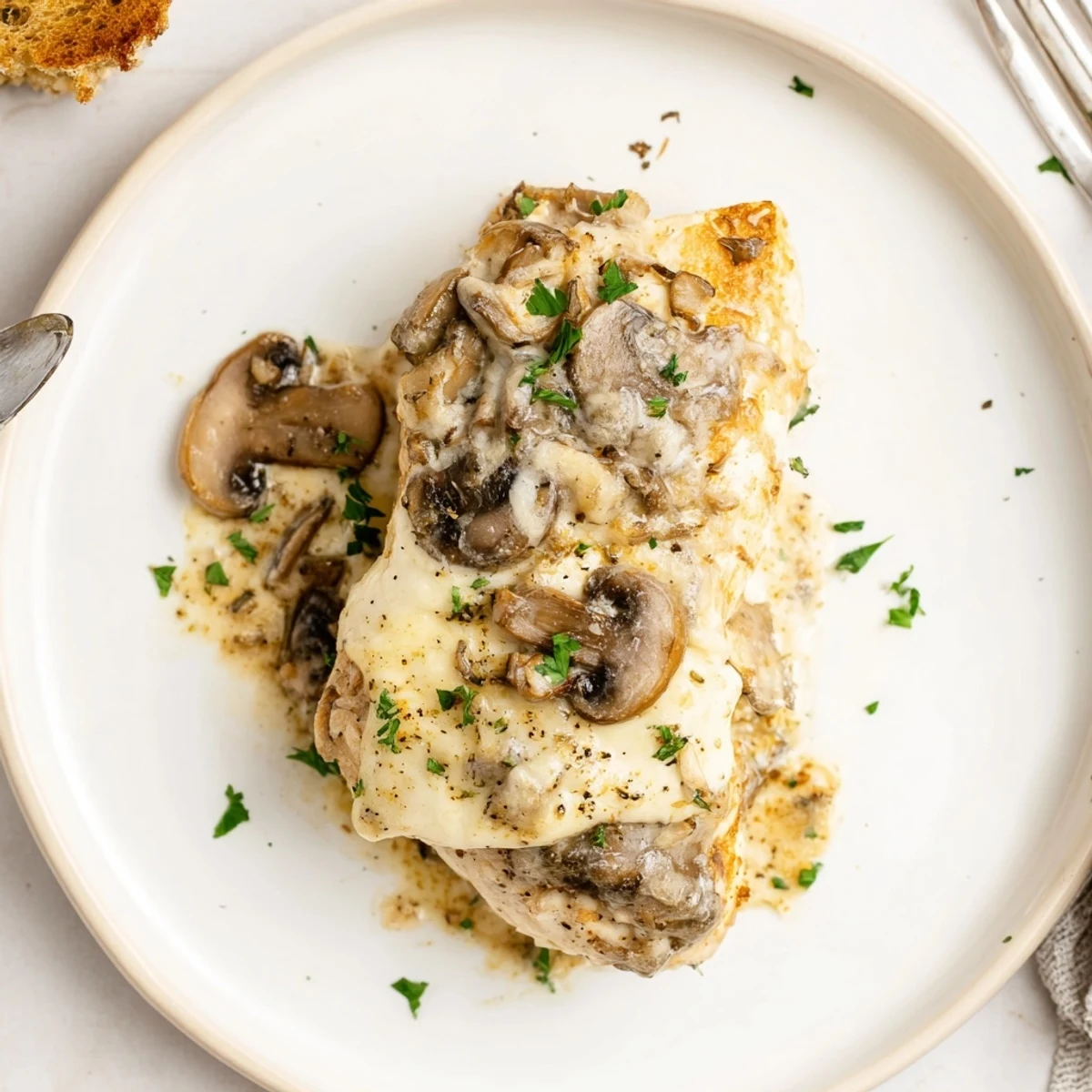 Oven roasted Cheesy Chicken Mushroom Bake served with mashed potatoes and steamed greens.