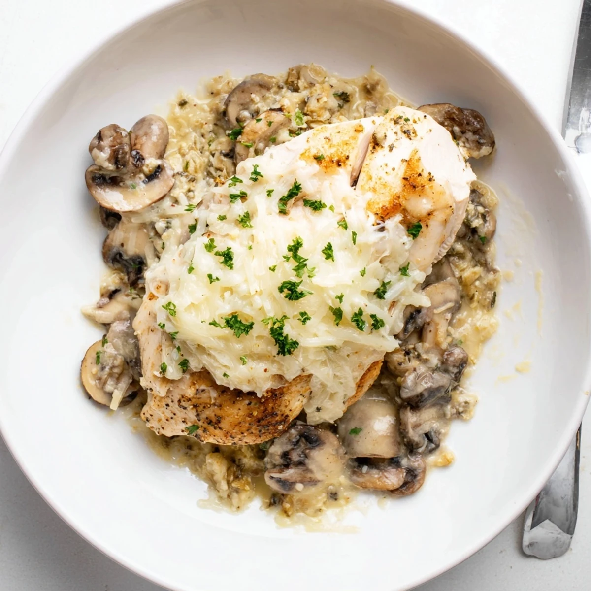Sliced Cheesy Chicken Mushroom Bake revealing tender chicken, sauteed mushrooms, melted cheese.
