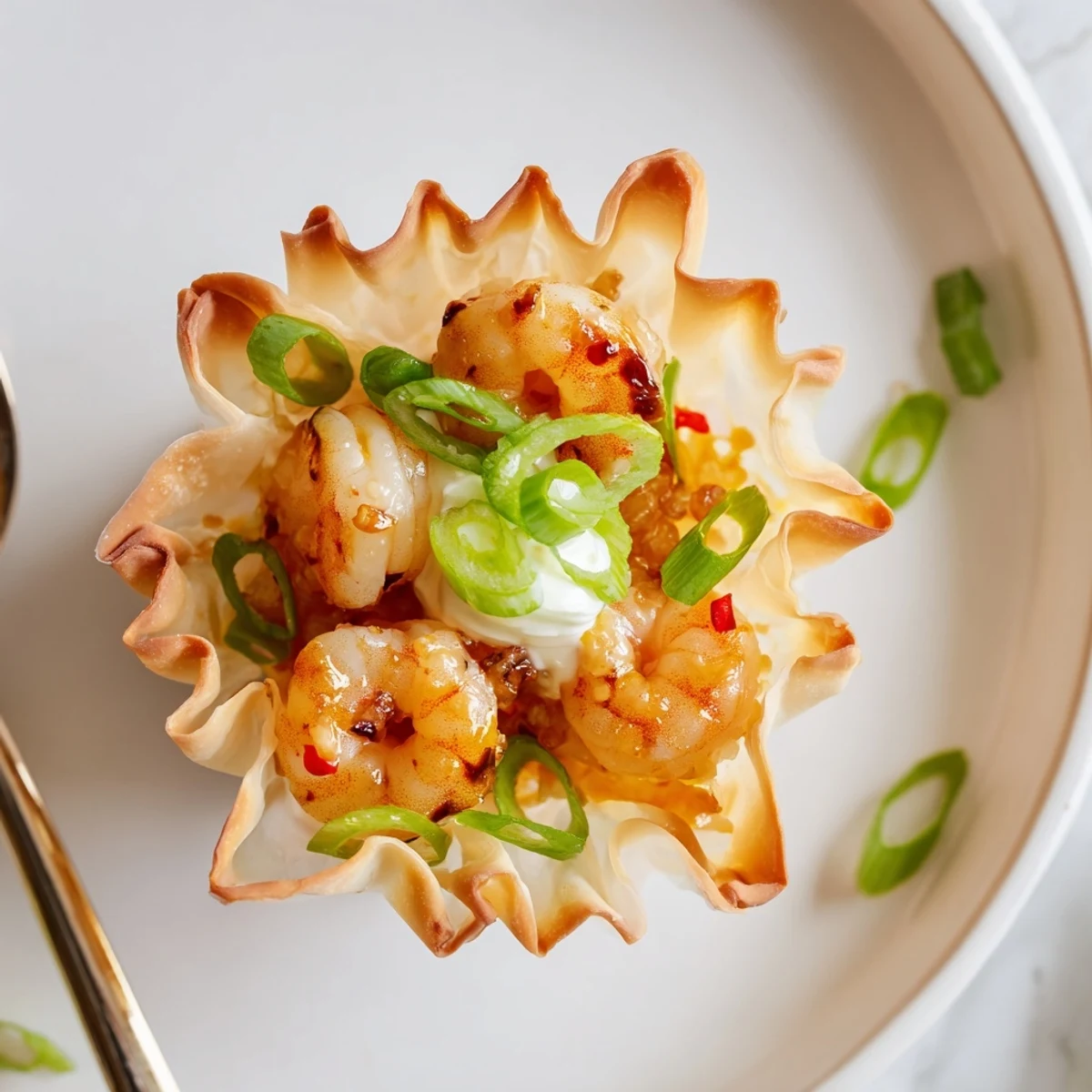 Zesty shrimp nestled in crispy wonton nests — Crispy Shrimp Wonton Cups With Lime Cream