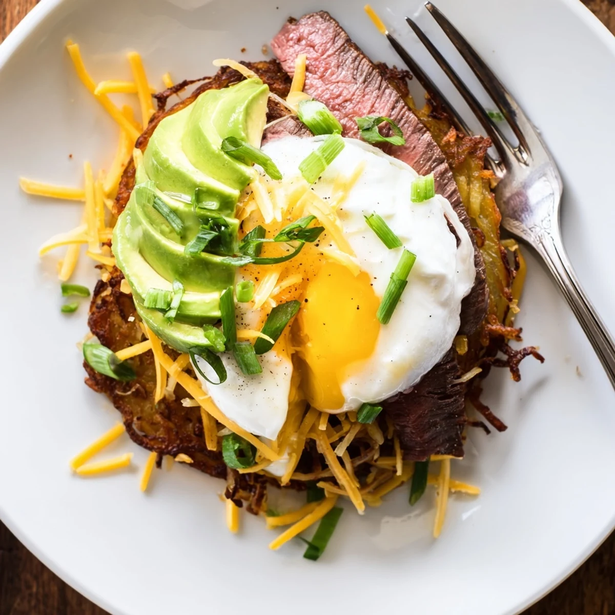 Crispy Loaded Steak Egg Hash Brown Stacks topped with sour cream and chives
