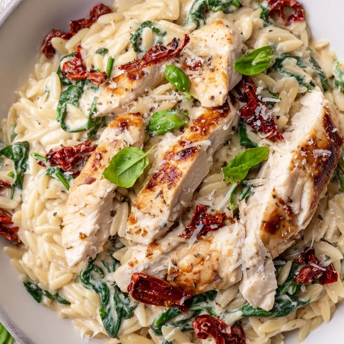 Creamy Marry Me Chicken Orzo with tender sliced chicken and sundried tomato sauce in a skillet
