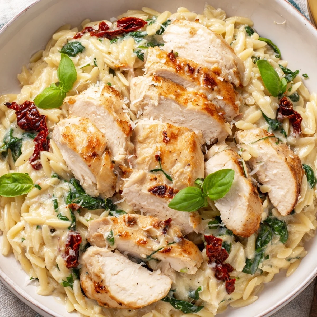 Comforting Marry Me Chicken Orzo dish featuring creamy parmesan sauce over tender chicken and al dente orzo