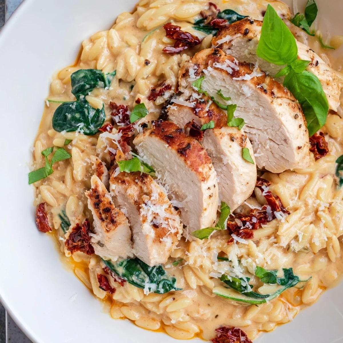 Golden seared chicken breasts nestled in cheesy orzo pasta with vibrant red sundried tomatoes and fresh basil