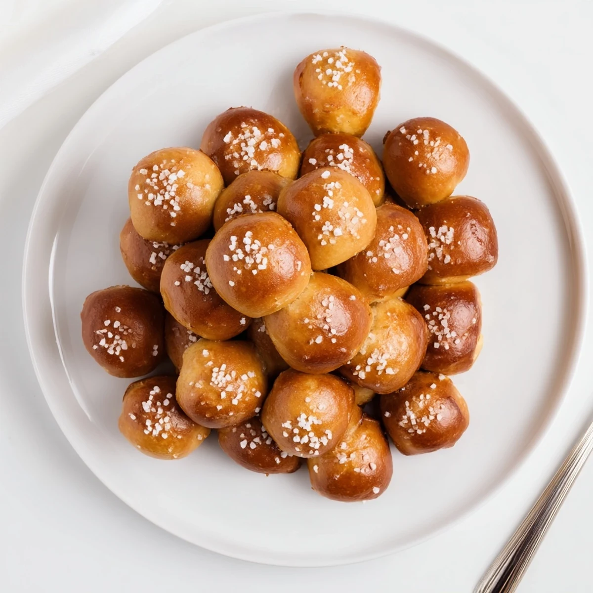 Golden brown homemade soft pretzel bites sprinkled with coarse salt on a wooden serving board