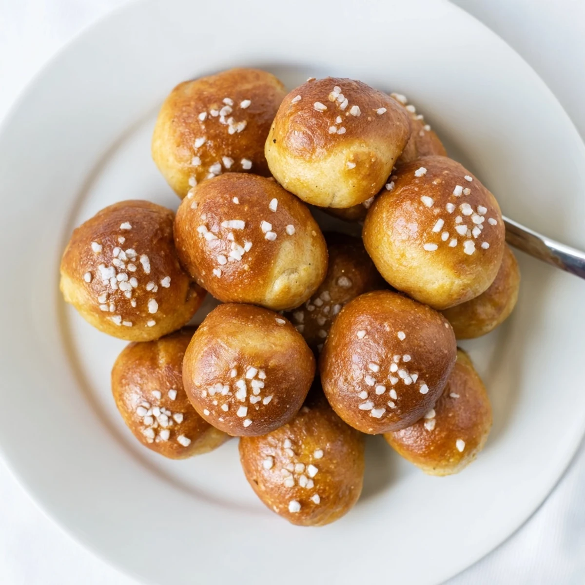 Warm chewy pretzel bites arranged on a baking sheet after baking to golden perfection