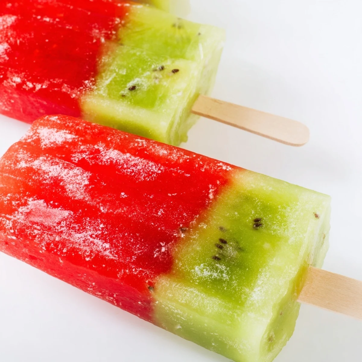 Two-toned watermelon kiwi fruit pops showing bright red and green layers in popsicle molds