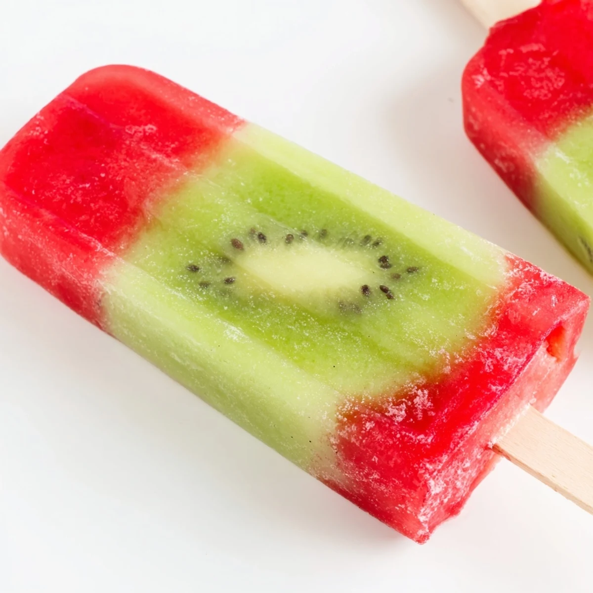 Frozen watermelon kiwi fruit pops arranged on rustic wooden board with fresh mint