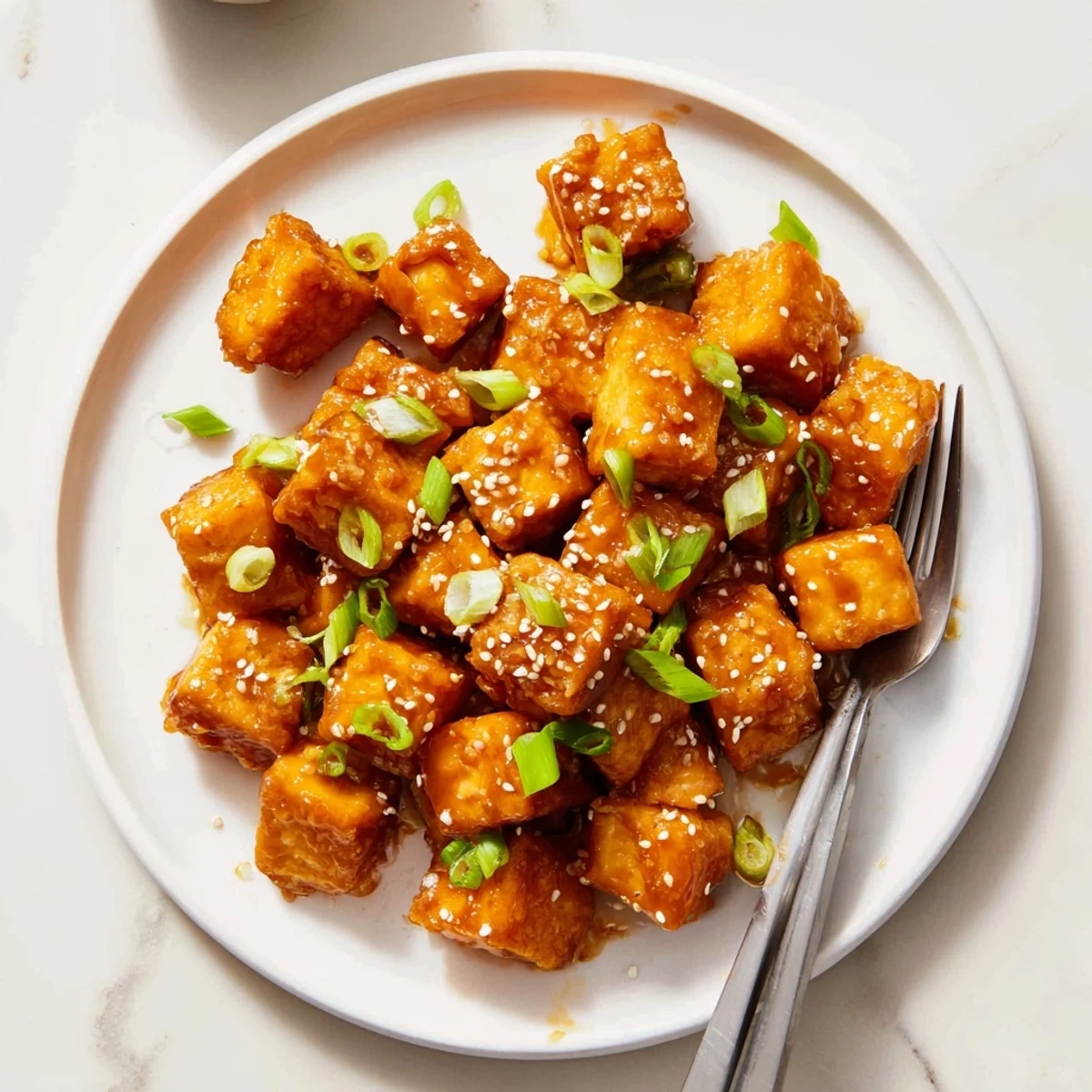Plate of honey garlic tofu featuring crunchy golden bites coated in sticky glossy Asian-inspired sauce