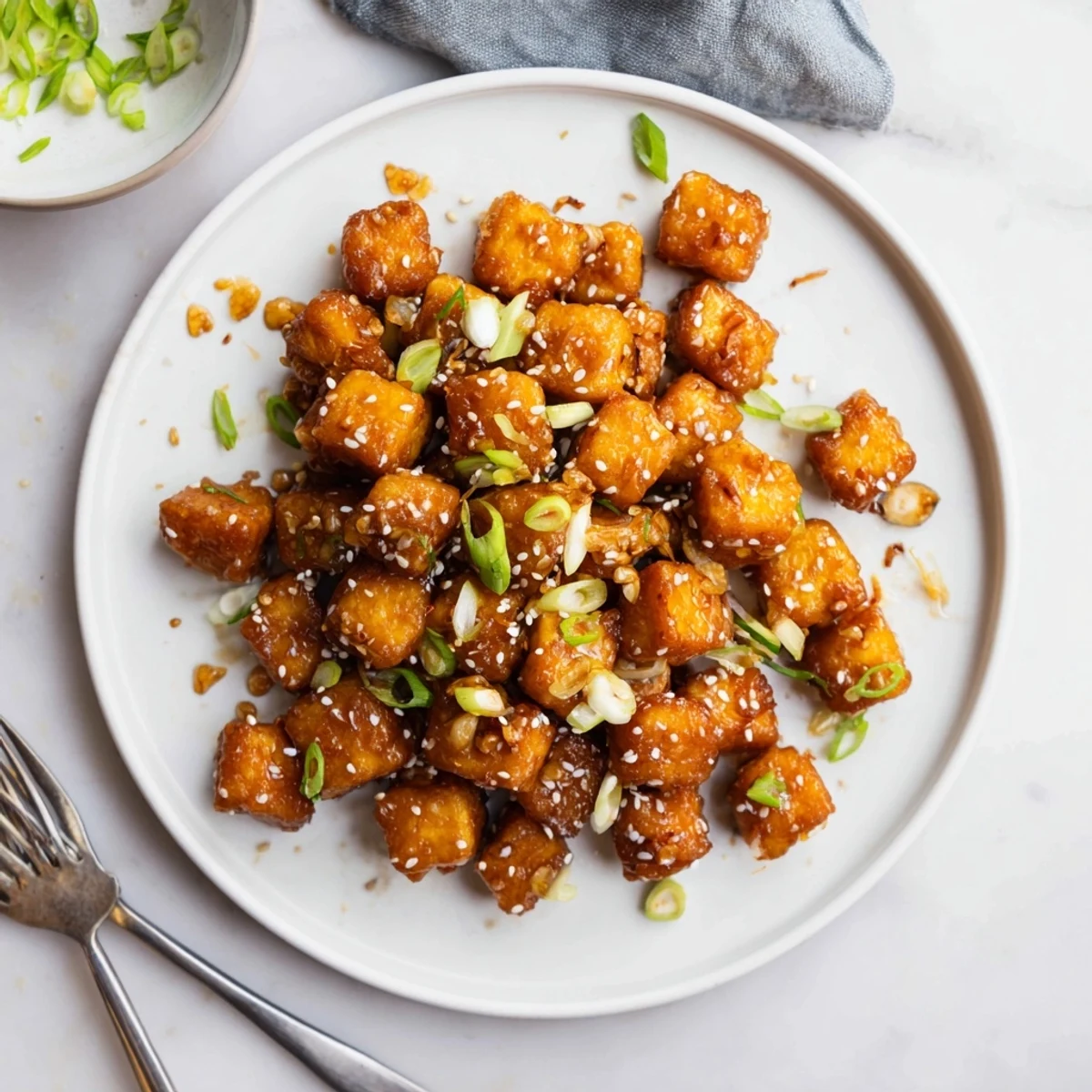 Golden crispy honey garlic tofu cubes glazed in thick sweet savory sauce with sesame seeds