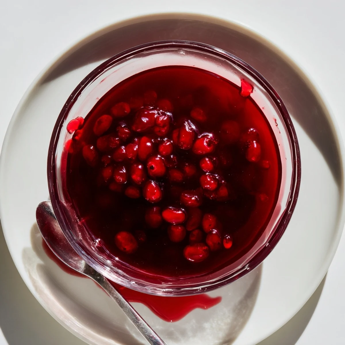 Glass bottle of ruby red cranberry syrup drizzled over fluffy stack of pancakes
