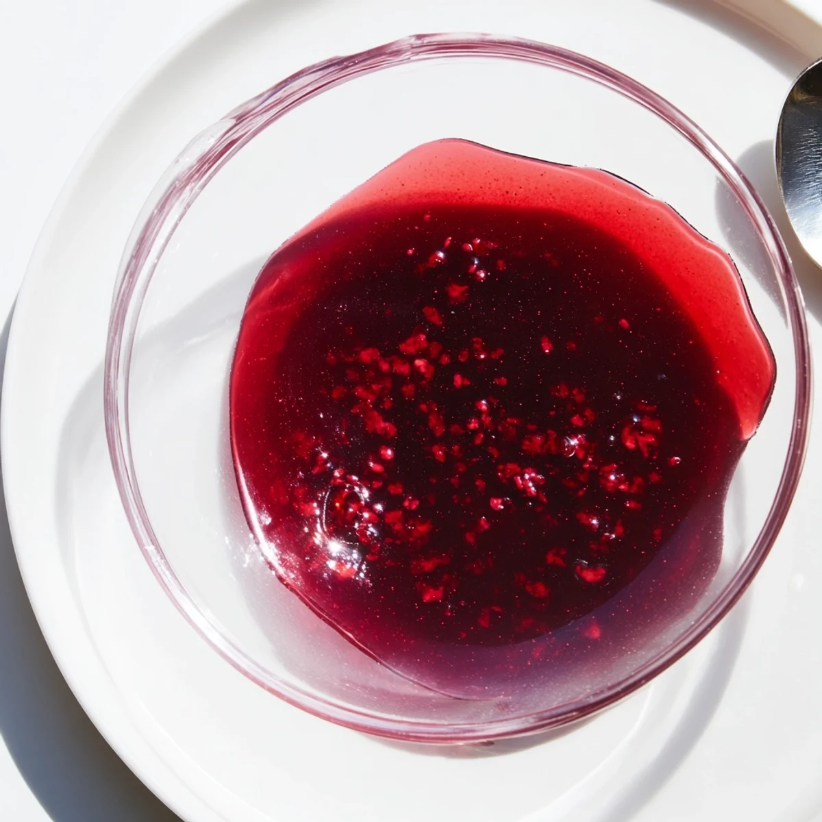 Vibrant red cranberry syrup poured slowly into clear glass container on white surface