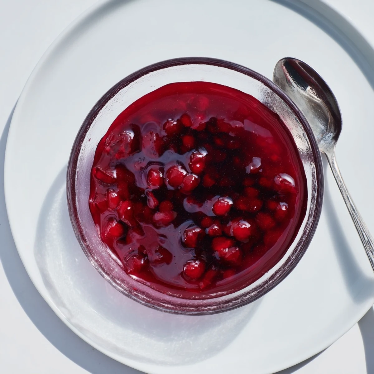 Homemade cranberry syrup glistening in glass jar with fresh cranberries and spoon