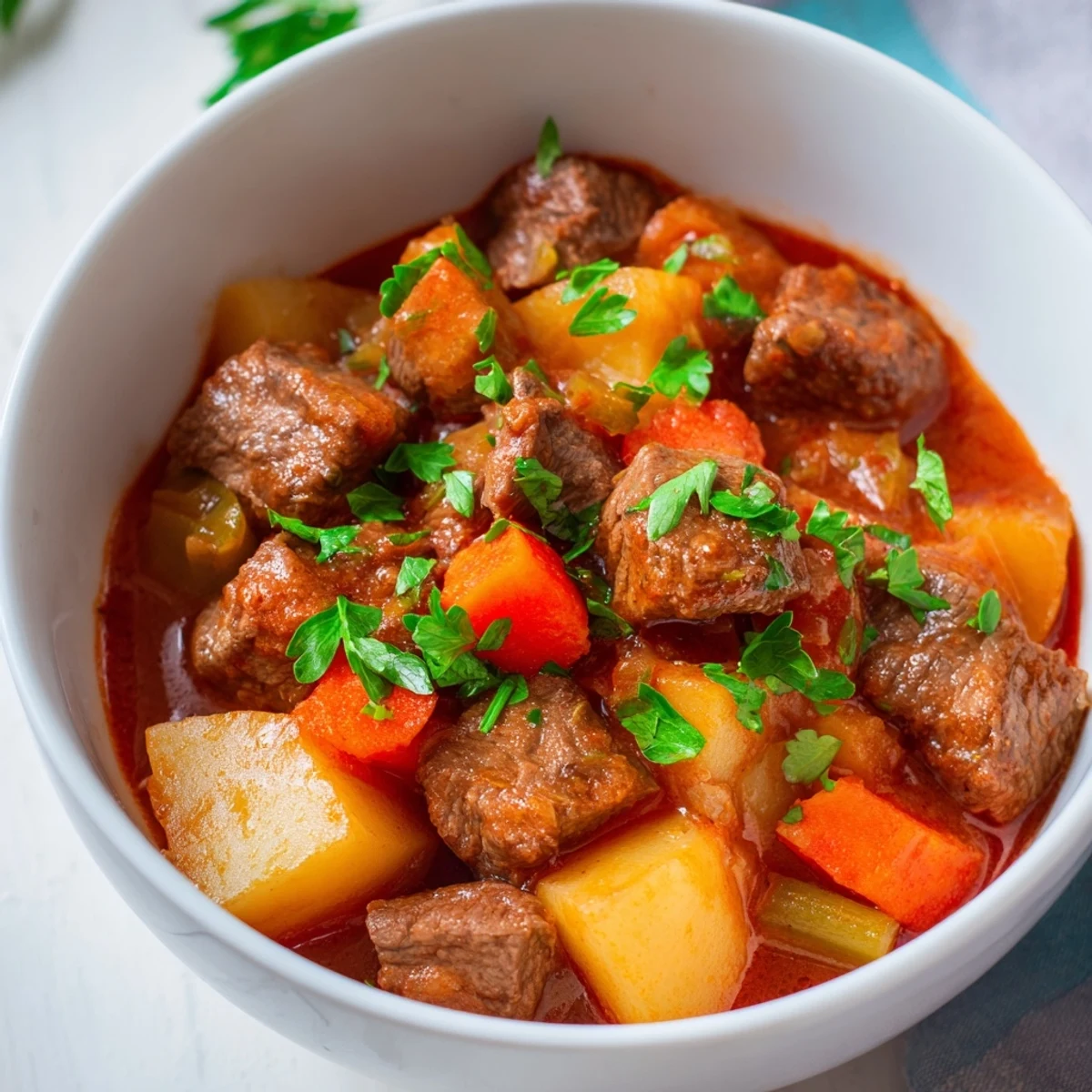 Rustic Italian beef stew bubbling with tender beef cubes, carrots, and potatoes in rich tomato-herb broth