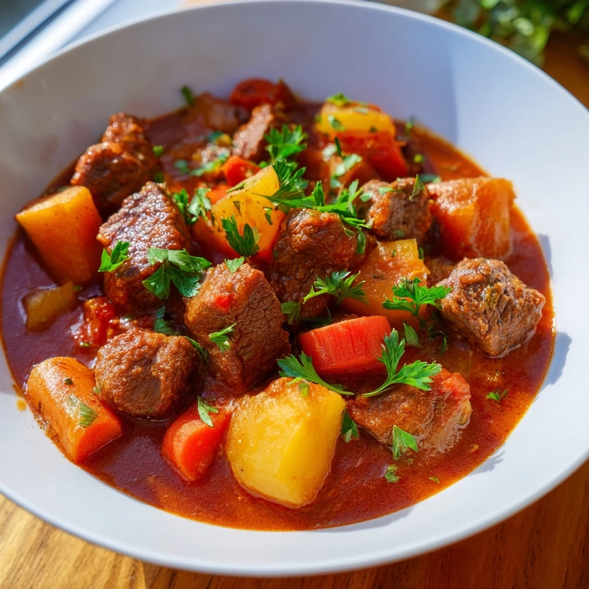 Golden-brown seared beef simmering slowly with aromatic vegetables in a hearty Spezzatino Di Manzo Italian Beef Stew