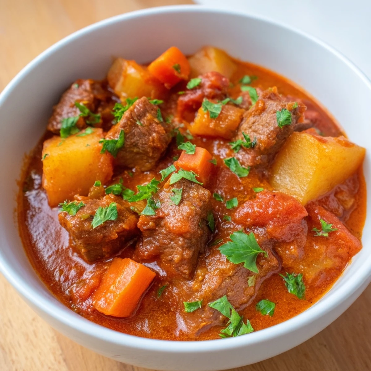 Comforting bowl of Spezzatino Di Manzo Italian Beef Stew garnished with fresh parsley and crusty bread on the side