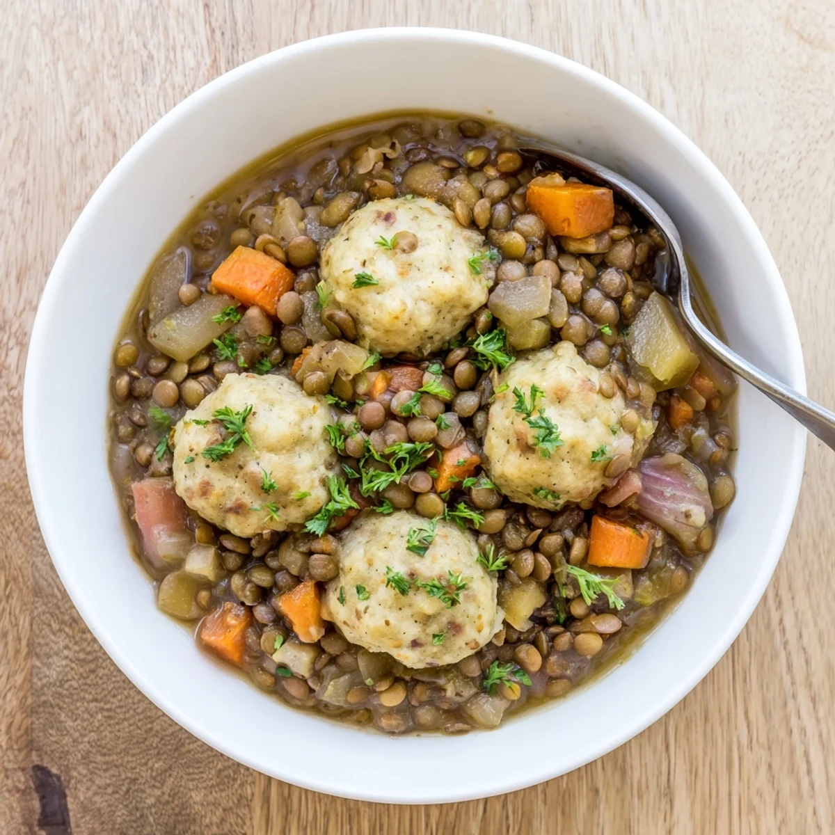 Golden lentils simmered with carrots and celery topped with fluffy parsley dumplings