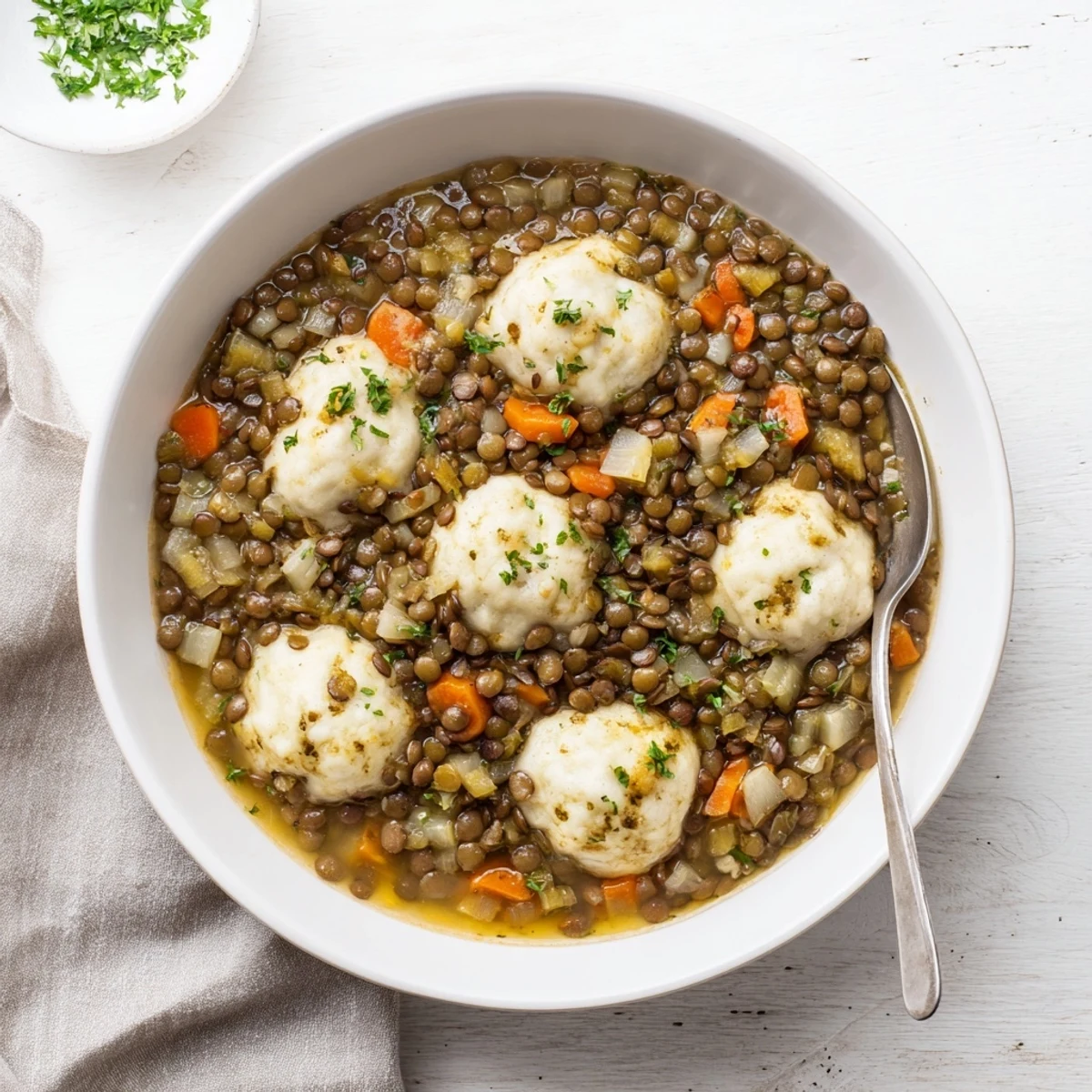 Steaming lentil stew with light fluffy dumplings garnished with fresh parsley herbs
