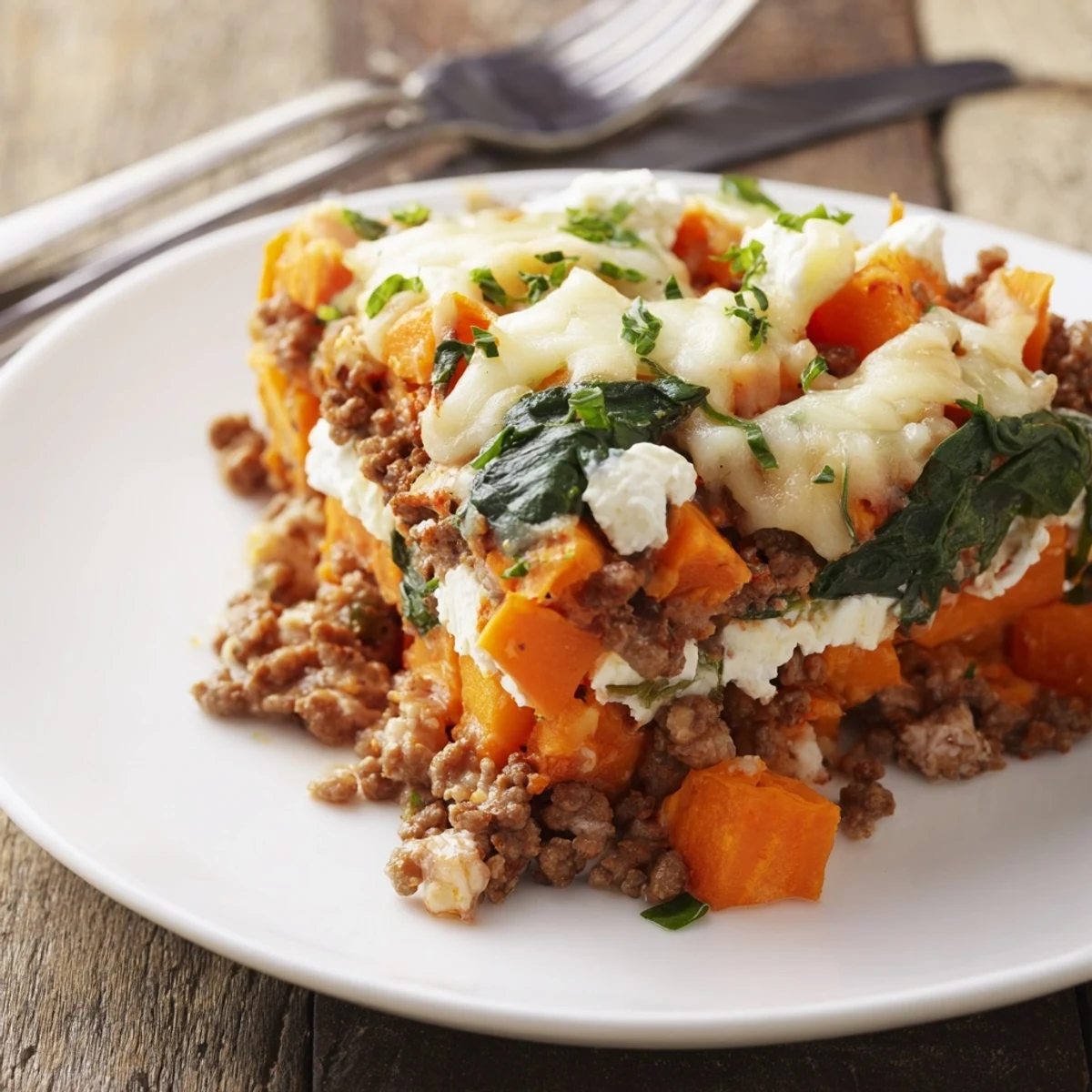 Warm, bubbling slice reveals layers of Cottage Cheese Ground Beef And Sweet Potato Casserole