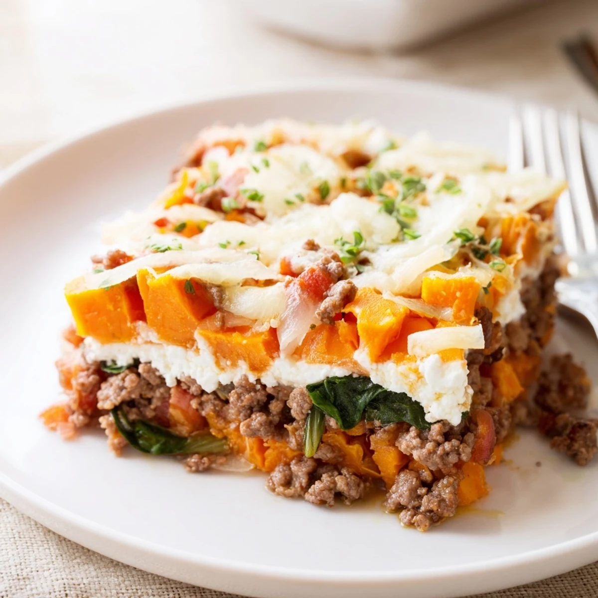 Steaming hearty Cottage Cheese Ground Beef And Sweet Potato Casserole served with green salad