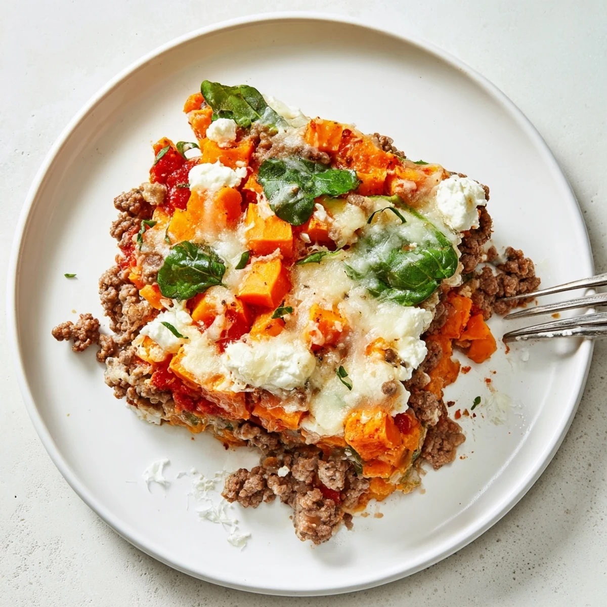 Crispy edges, creamy interior of Cottage Cheese Ground Beef And Sweet Potato Casserole