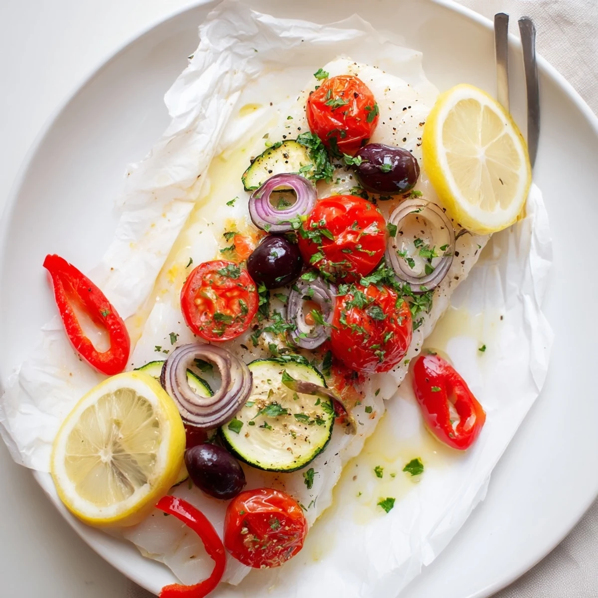 Lemon-tinged vegetables cradle Air Fryer Mediterranean Cod In Parchment Paper  