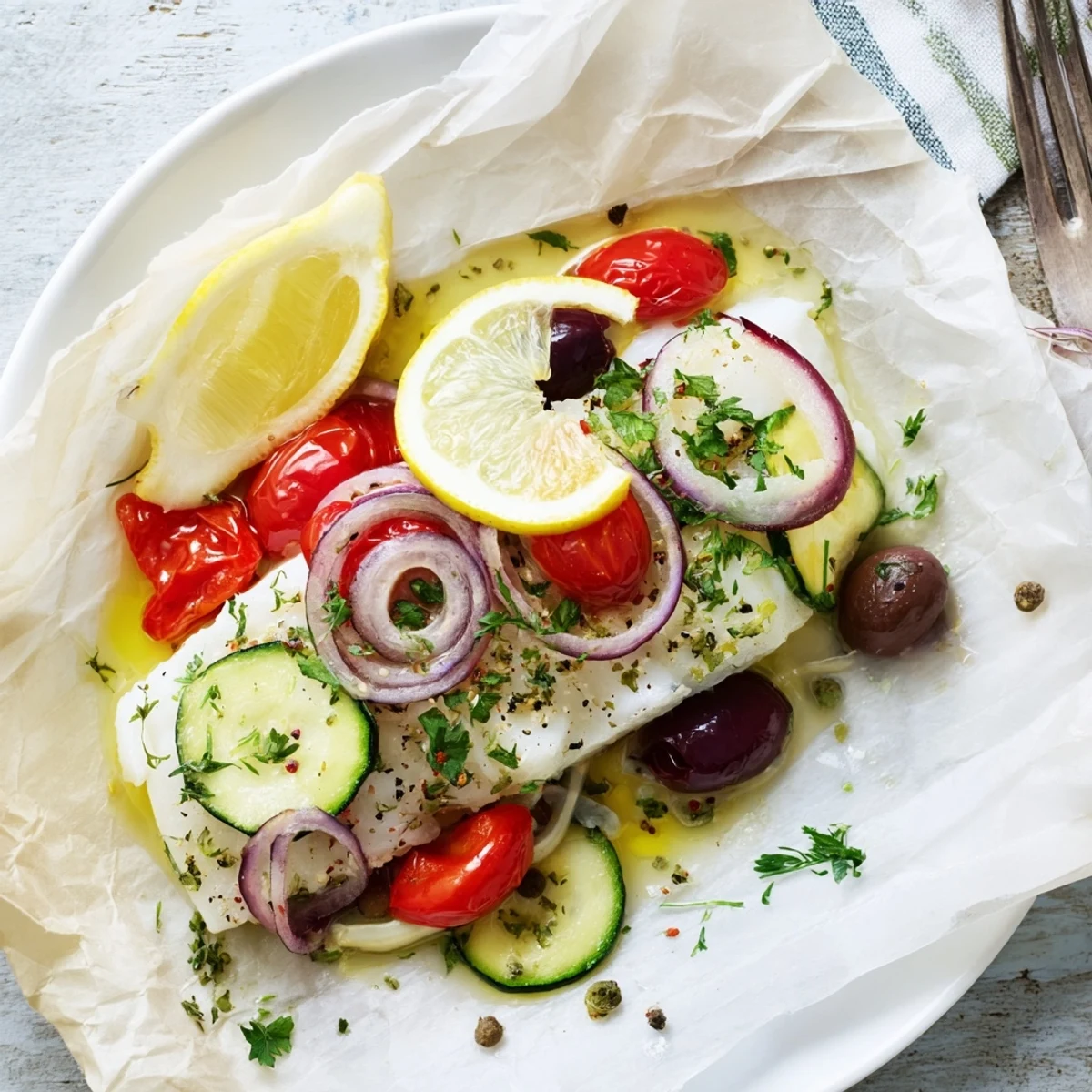 Air Fryer Mediterranean Cod In Parchment Paper, steaming with lemon and herbs  
