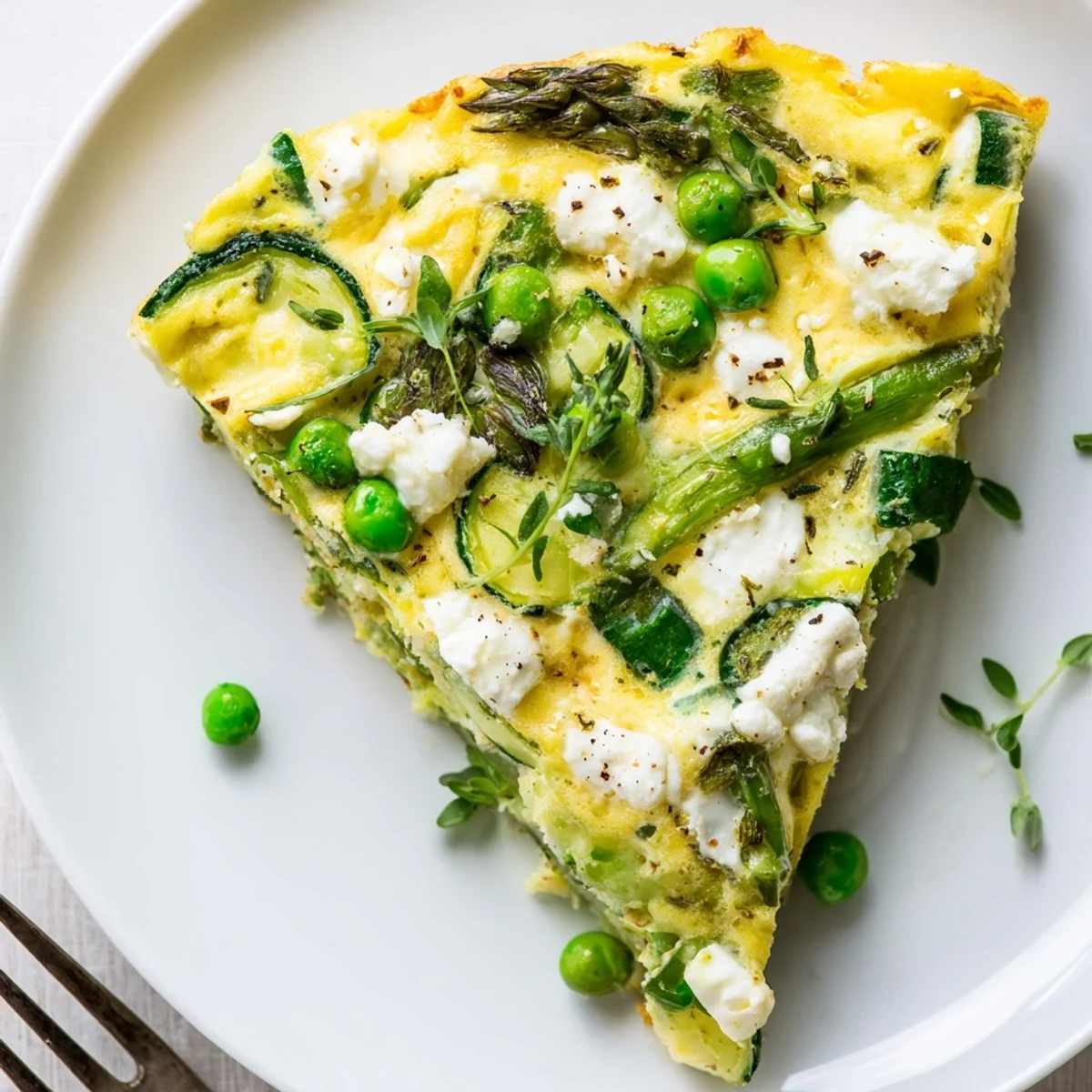 Warm Spring Vegetable Frittata With Goat Cheese topped with soft creamy crumbles