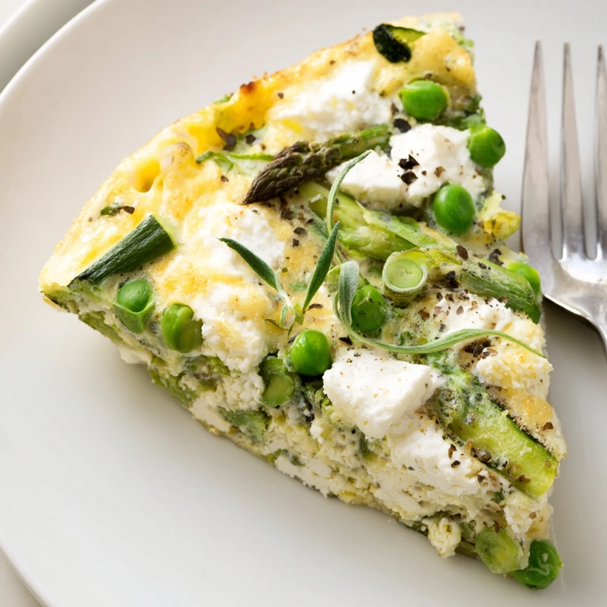 Spring Vegetable Frittata With Goat Cheese bursting with asparagus, peas, and thyme