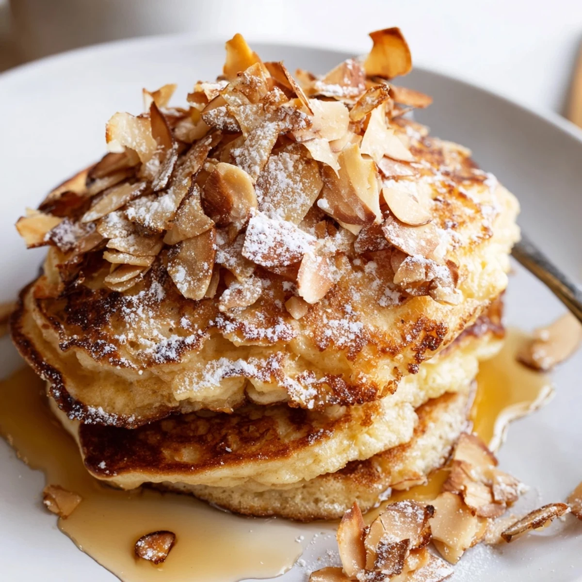 Almond Croissant Protein Pancakes stacked, golden edges, toasted almonds and maple drizzle