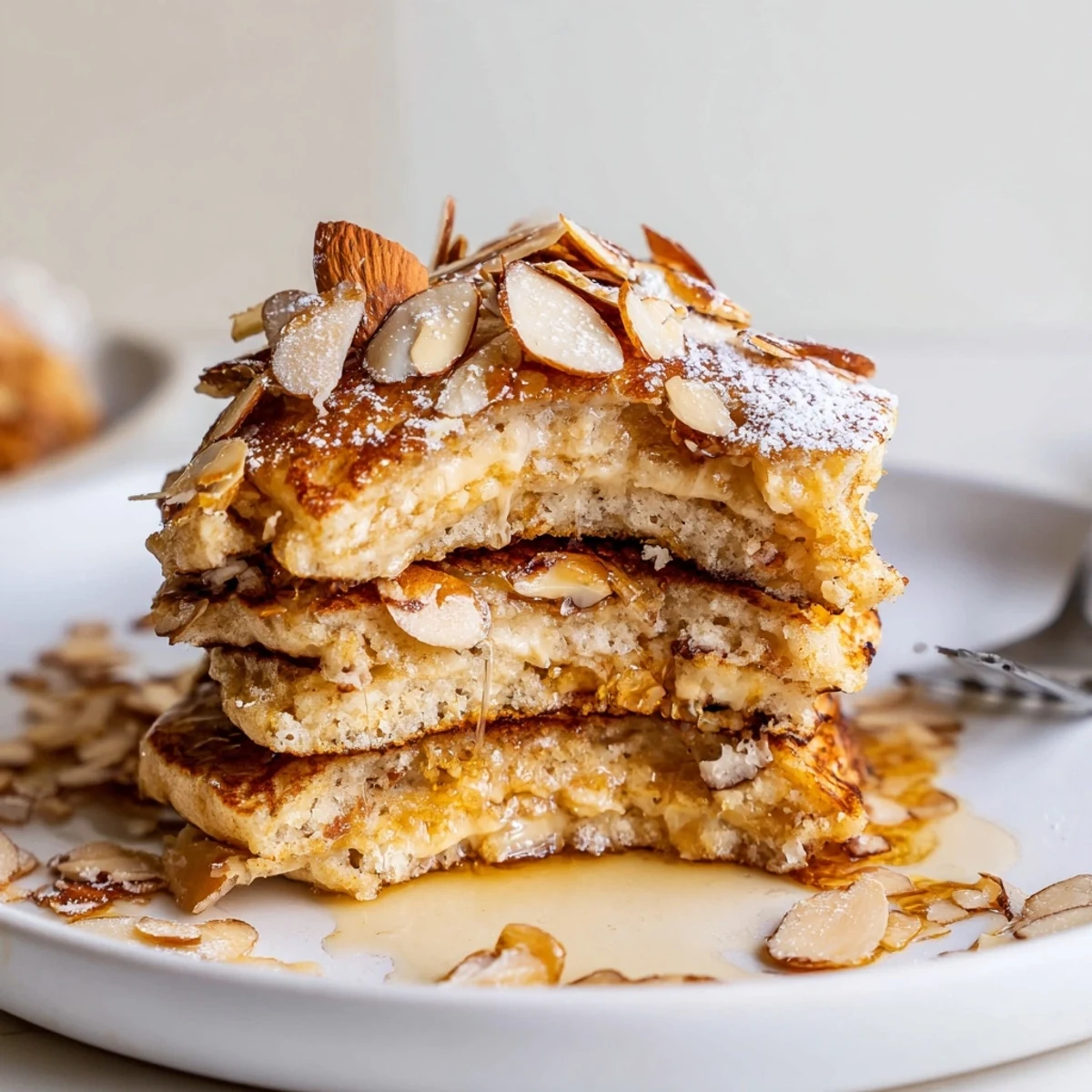 Fluffy Almond Croissant Protein Pancakes on skillet, nutty aroma and crisp topping