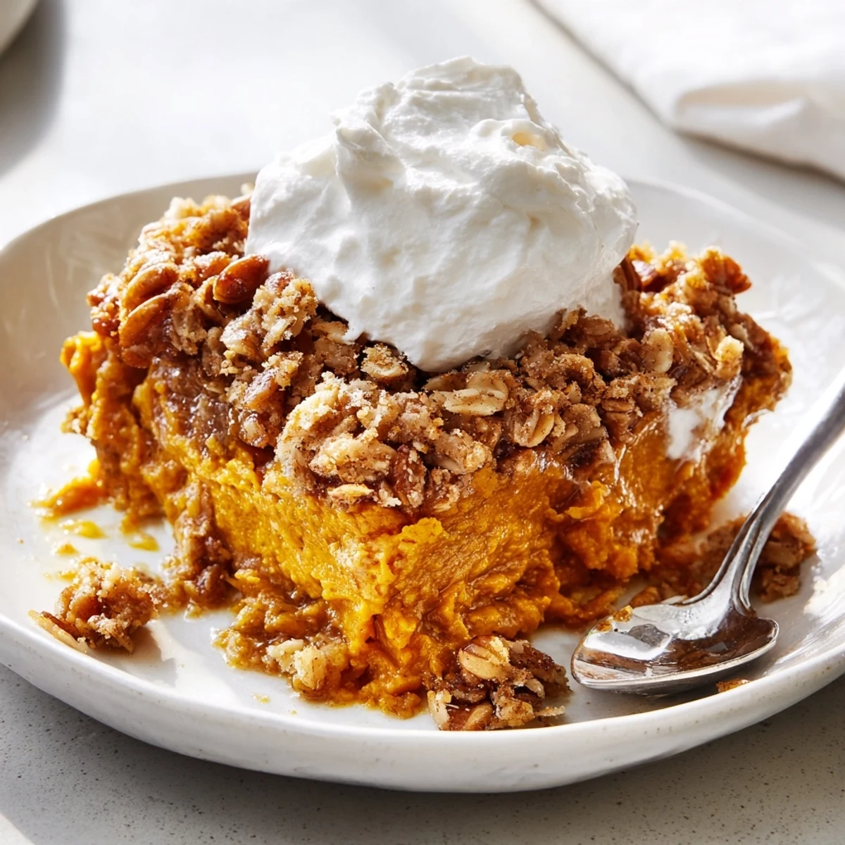 Creamy pumpkin pie crisp scooped into bowls and topped with fluffy whipped cream