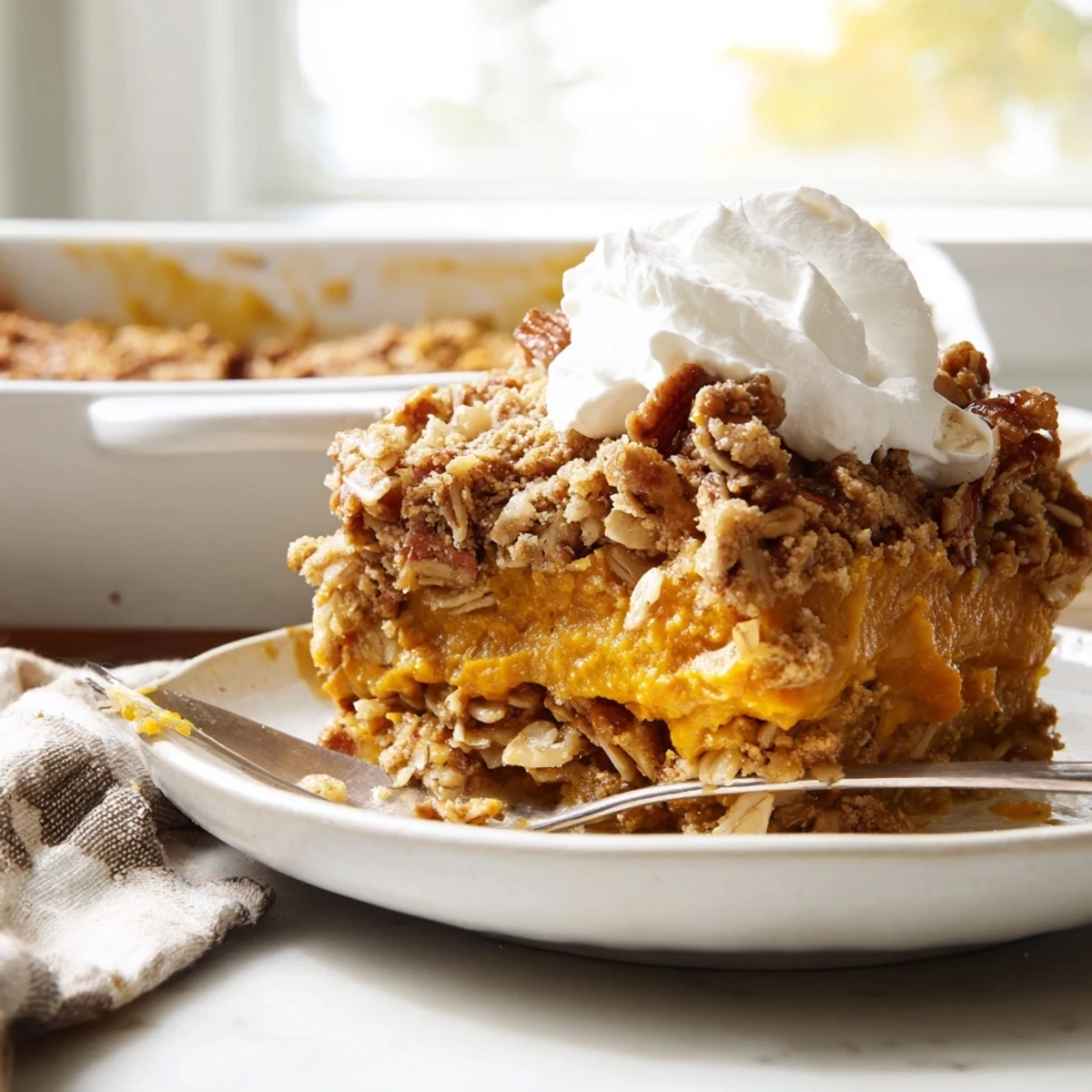 Warm pumpkin pie crisp with spiced filling and golden oat pecan topping in a baking dish