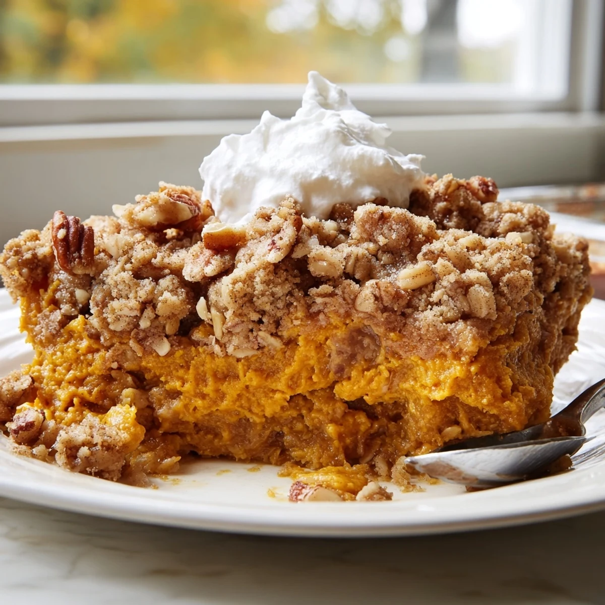 Golden brown pumpkin pie crisp fresh from the oven with melting vanilla ice cream