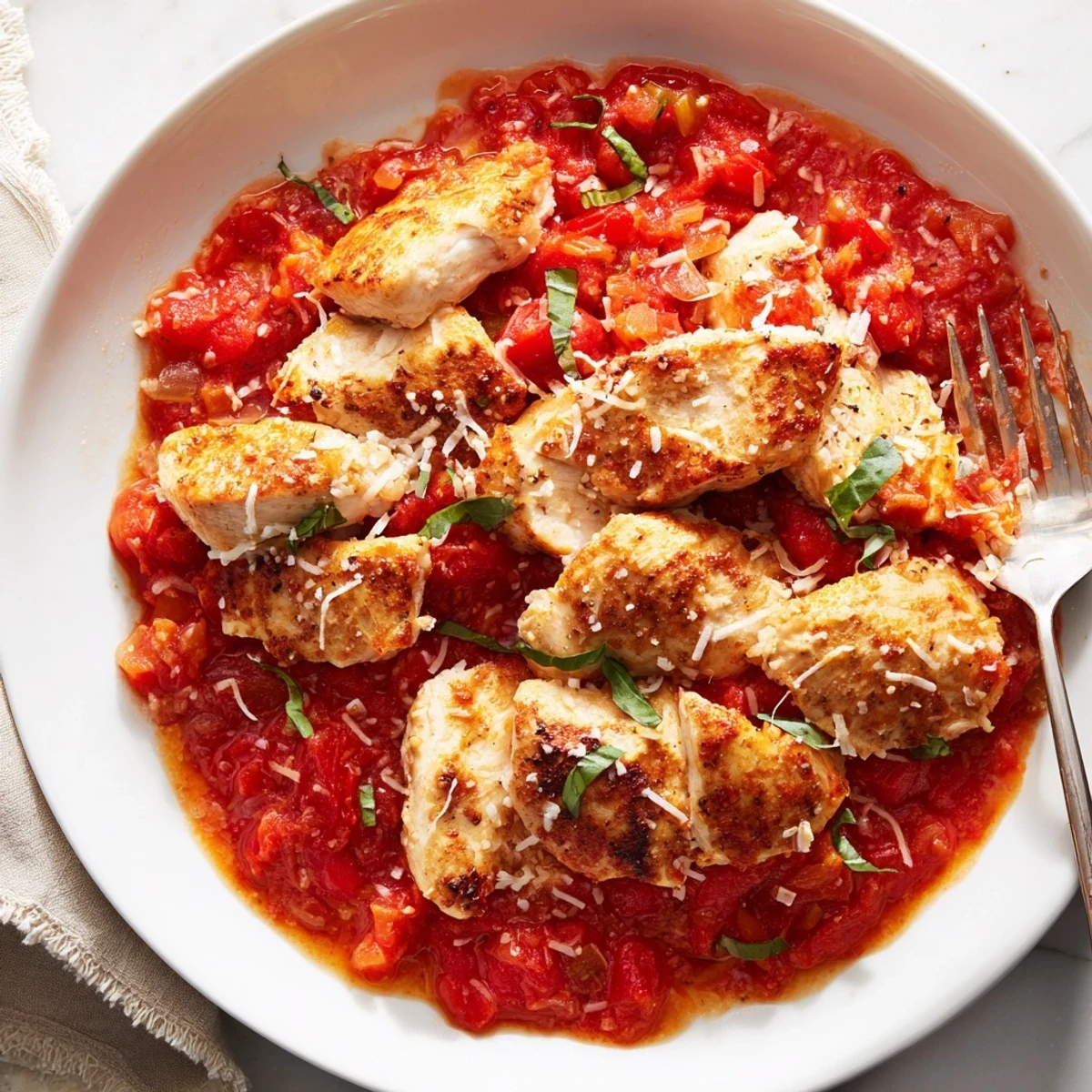 Golden seared chicken pomodoro delight simmered in rich tomato basil sauce