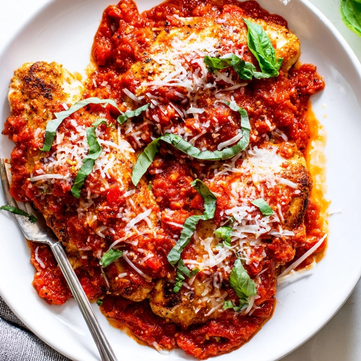 Juicy chicken pomodoro delight topped with melted Parmesan and fresh basil