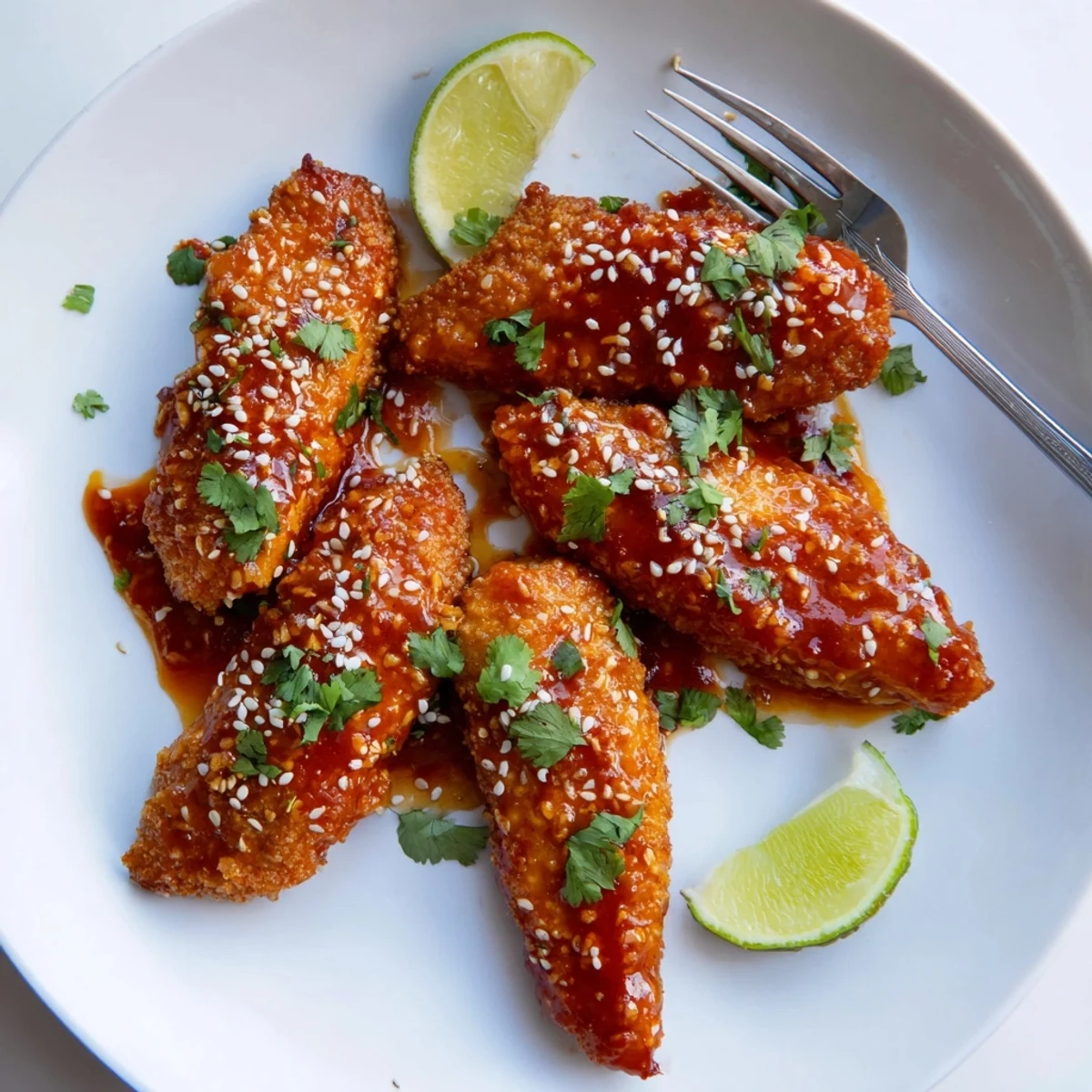Golden Thai Sticky Chicken Fingers piled on a platter with fresh lime wedges nearby