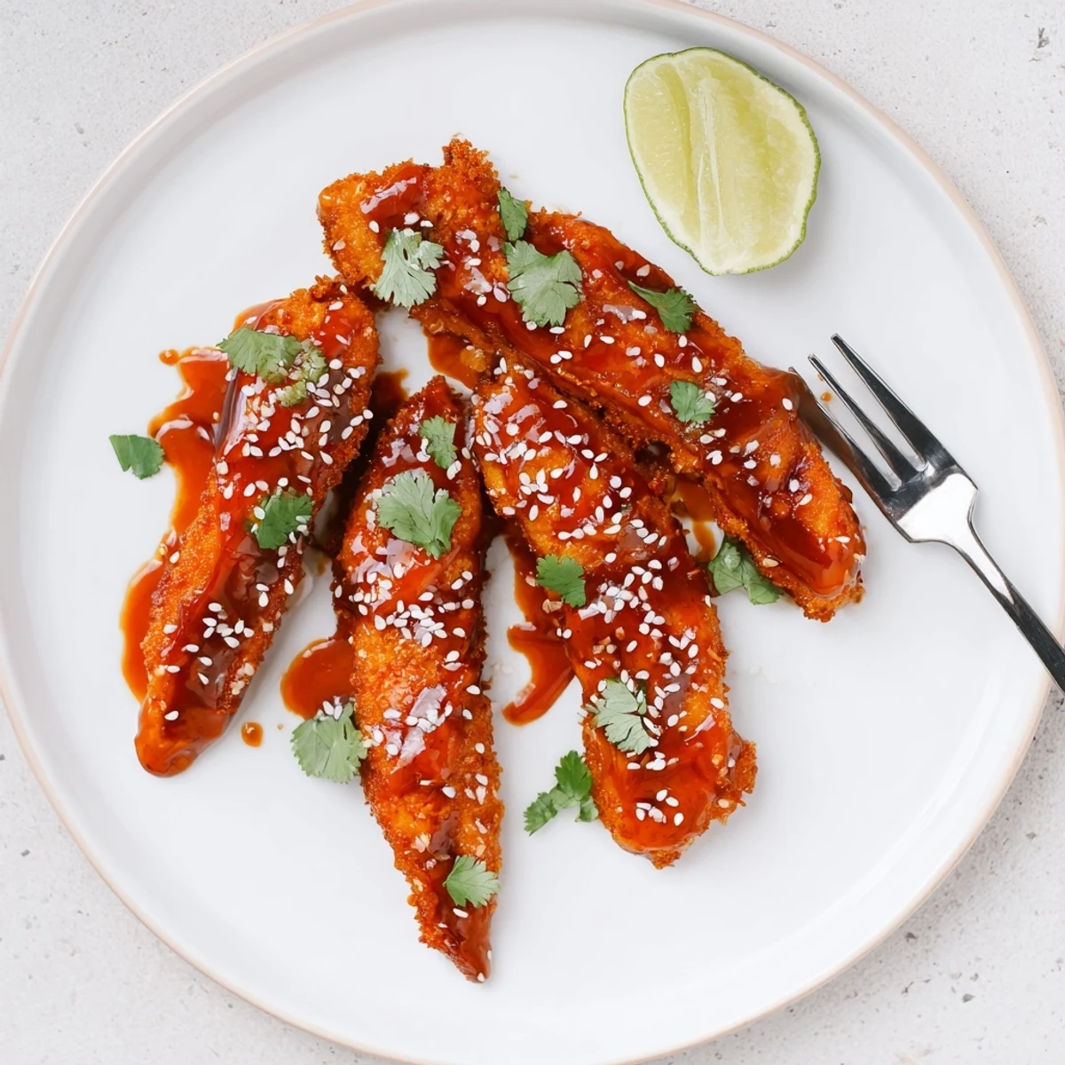 Crispy Thai Sticky Chicken Fingers glazed in glossy sauce with sesame seeds and cilantro