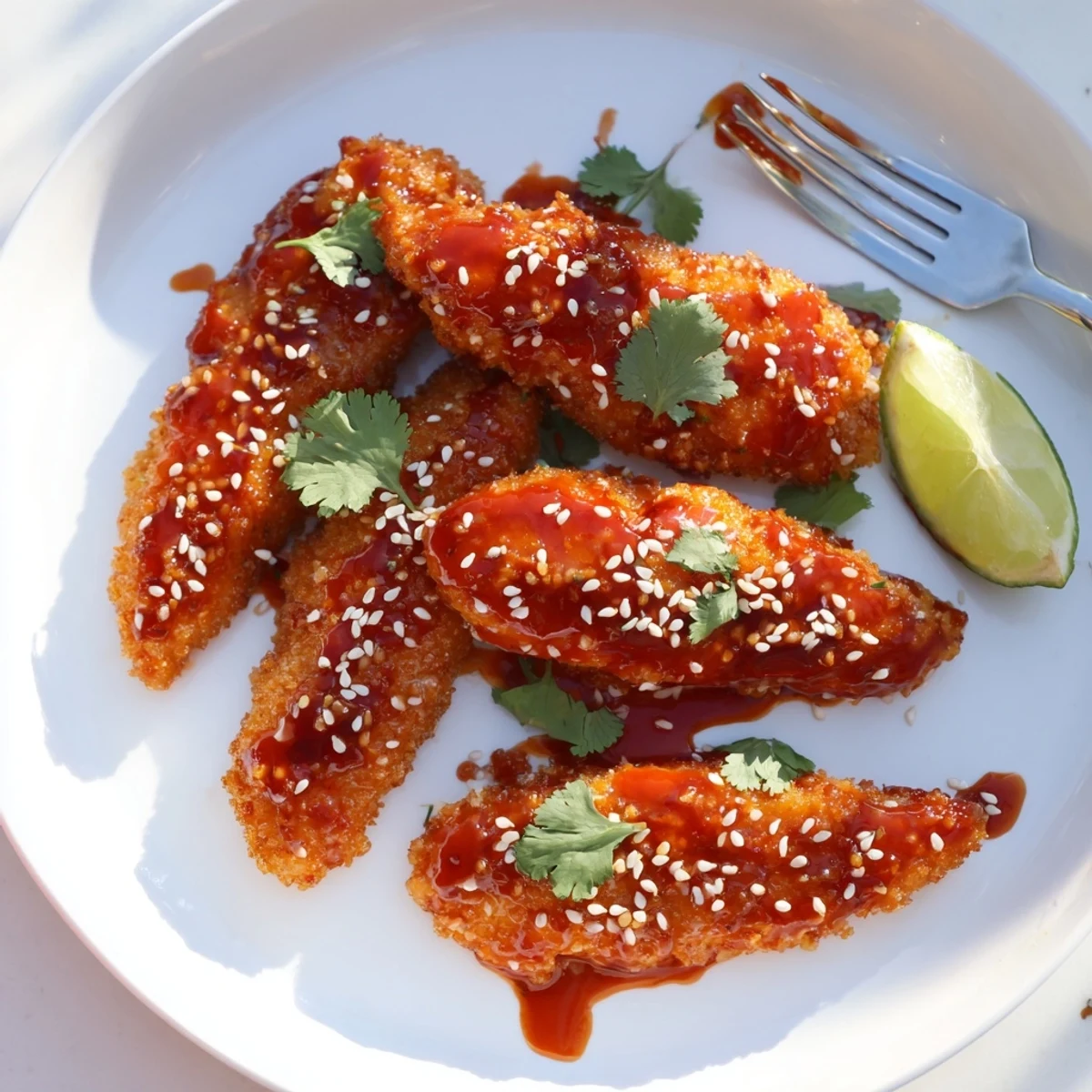 Close-up of Thai Sticky Chicken Fingers dripping with sweet chili honey glaze and garnished herbs