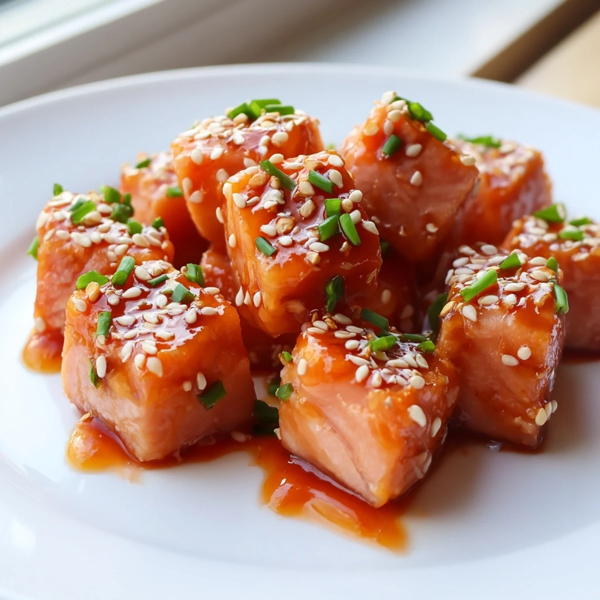Crispy hot honey salmon bites glistening with sticky spicy-sweet glaze on a baking sheet