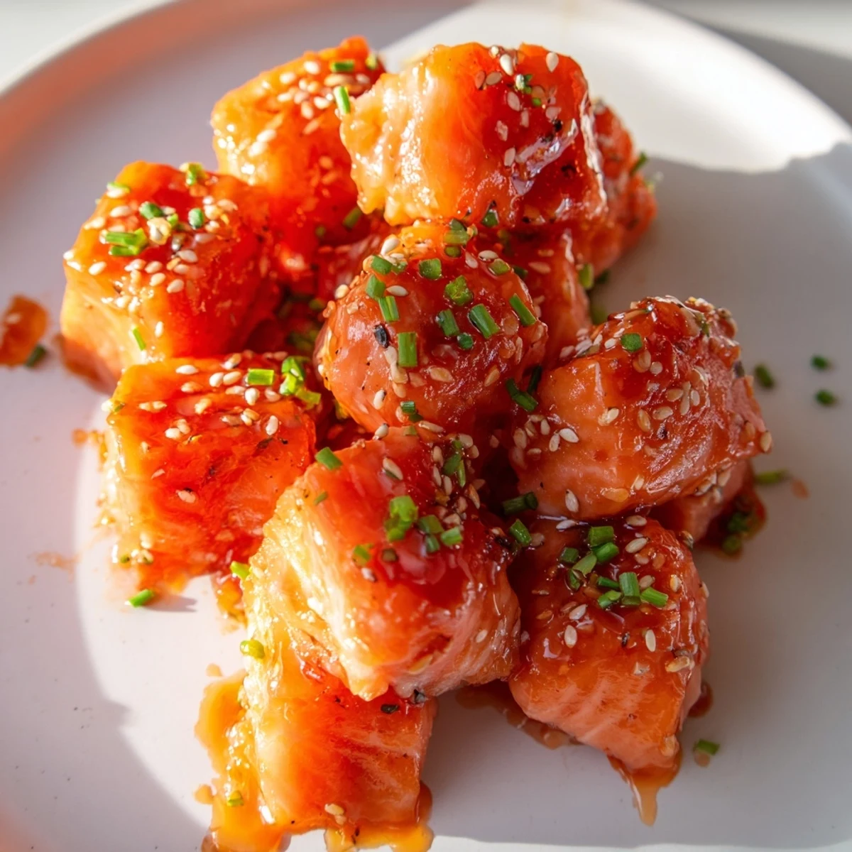 Golden hot honey salmon bites topped with sesame seeds and fresh green onions